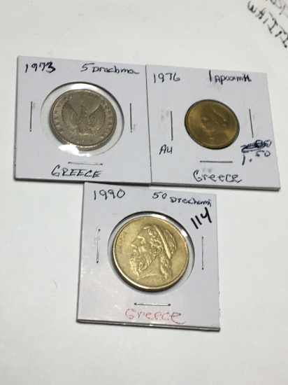 Greece 1976 1 Apaxmh Au, 1973 5 Drachma, 1990 50 Drachma