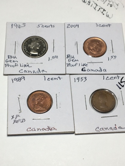 Canada 1 Cent 1853, 1989 Extra Fine Red, 2004 Bu Gem Proof Like, 1963 5 Cent Bu Gem Proof Like