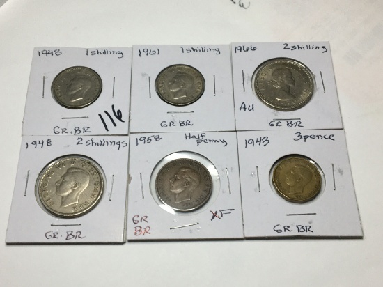 Great Britian 1958 Half Penny Ef, 1943 3 Pence, 1948 & 191 1 Shilling, 1948 & 1966(au) 2 Shillings