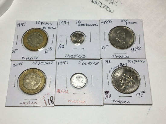 Mexico 1997 10 Pesos(bi Metal) Ef, 2004 10 Pesos, 1988 500 Pesos Vf, 1997 5 Centavos Bu, 1979 10 Au