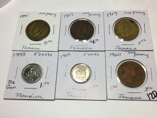 Jamaica 1959 Penny, 1957 Penny, 1945 Penny 1960(vf) 1 Penny, 1969 5 Cent, 1993 5 Cents Bu Gem