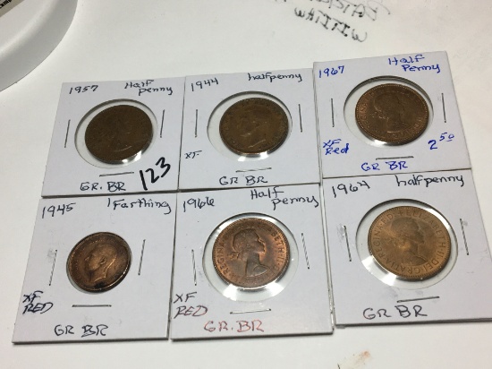 Great Britian Half Penny 1967 & 1966( Ef Red),1964, 1957, 1944 Extra Fine, 145 1 Farthing Ef Red