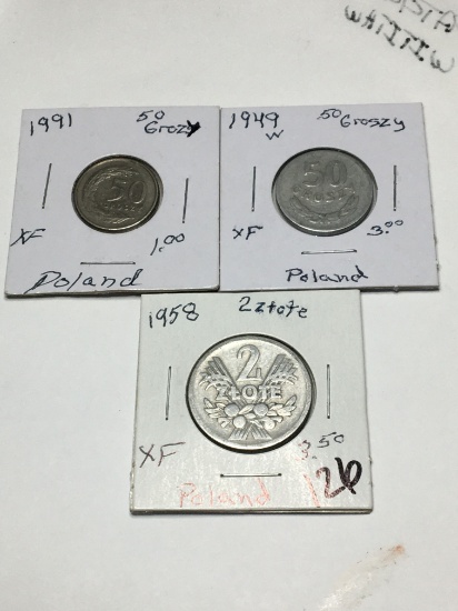 Poland 1958 2 Ztote Extra Fine, 1949 W & 1991 50 Groszy Extra Fine