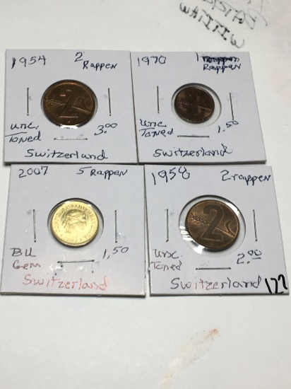 Switzerland 1970 1 Rappen Unc. Toned, 1954 & 1958 2 Rappen Unc. Toned, 2007 5 Rappen Bu Gem