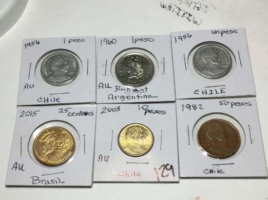 Argentina 1960 1 Peso Au Brilliant, 1956 & 1956 Au Un Peso, 2003 10 Peso Au, 1982 50 Peso,
