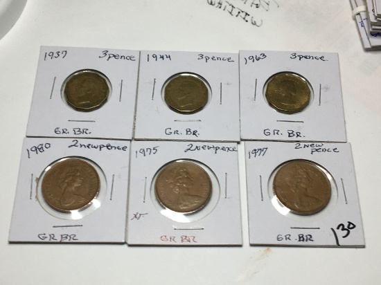 Great Britian 1980 , 1977, 1977 Extra Fine 2 New Pence, 1963, 1944 & 1937 3 Pence