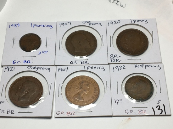 Great Britian 1922 Half Penny Very Fine, 1964, 1921 (very Fine), 1920, 1907 Penny, 1939 1 Farthing