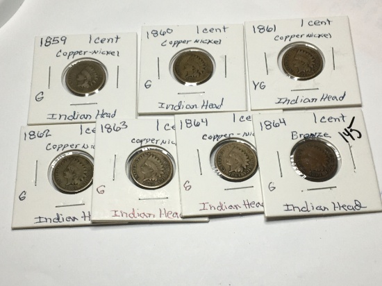 (7) Indian Head Cent Copper Nickel 1859 Good, 1860 Good, 1861 Very Good, 1862 G, 1863 G, 1864 G,