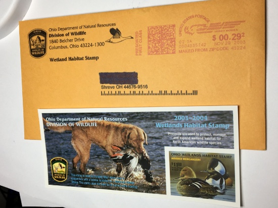 Unused 2003 Ohio Waterfowl/ Wetlands Stamp In Original Ohio D N R Envelope