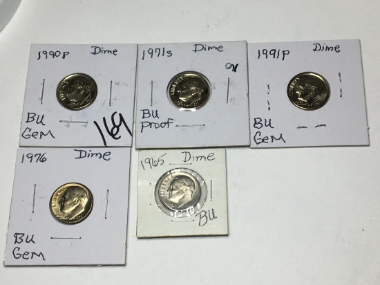 (5) Roosevelt Dimes 1991 P, 1990 P, 1976 P, 1971 S, 1965 P