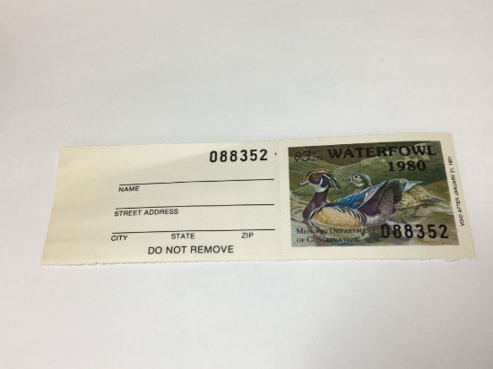1980 Waterfowl Stamp With Attached Book Reciept