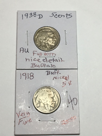 (2) Buffalo Nickels 1918 P Very Fine, 1938 D Au Full Horn Nice Details