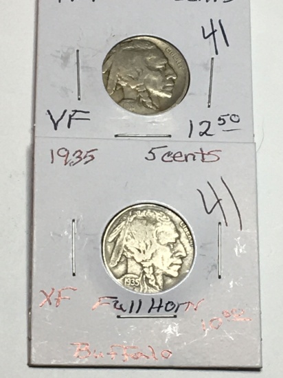 (2) Buffalo Nickels 1919 P Very Fine, 1935 P Extra Fine Full Horn