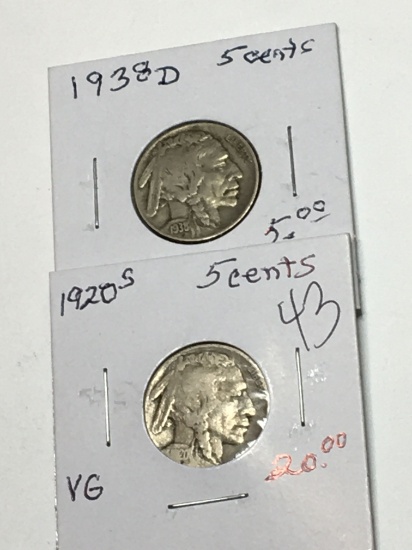 (2) Buffalo Nickels 1920 S Very Good, 1938 D