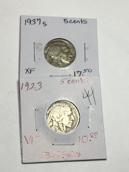 (2) Buffalo Nickels 1923 P Very Fine, 1937 S Extra Fine