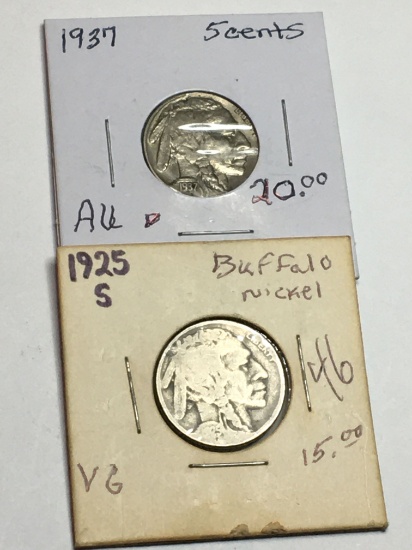 (2) Buffalo Nickels 1925 S Very Good, 1937 P Au