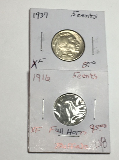 (2) Buffalo Nickels 1916 P Extra Fine Full Horn, 193 P Extra Fine