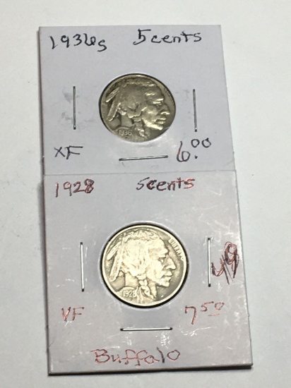 (2) Buffalo Nickels 1928 P Very Fine, 1936 S Extra Fine