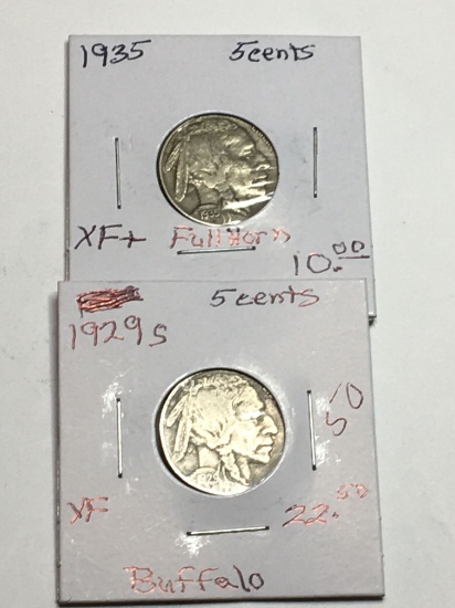 (2) Buffalo Nickels 1929 S Extra Fine, 1935 P Extra Fine+ Full Horn