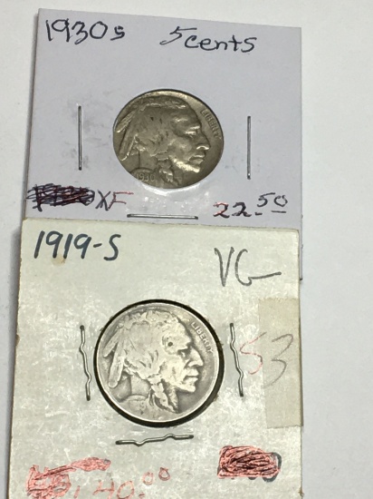 (2) Buffalo Nickels 1919 S Very Good, 1930 S Extra Fine