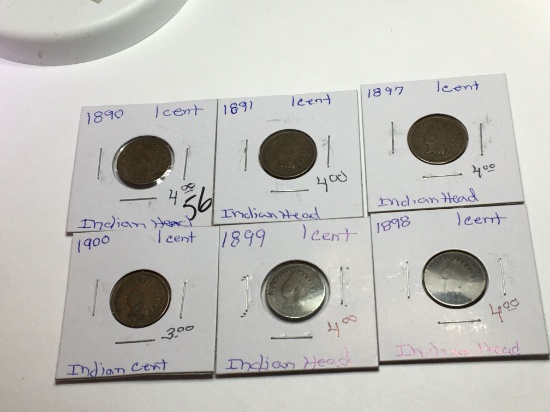 (6) Indian Head Cent 1890, 1891, 1897, 1898, 1899, 1900