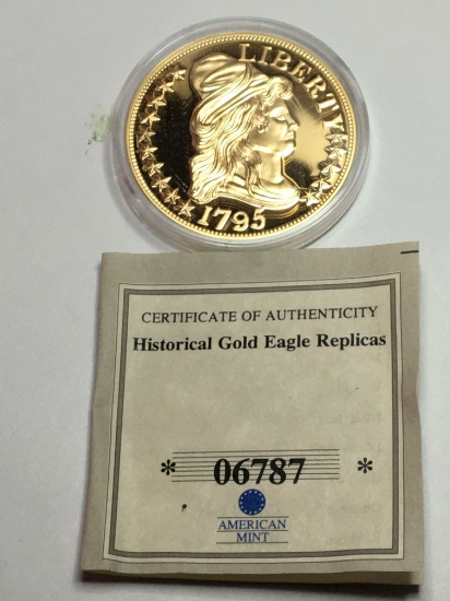 American Mint 40mm Round Gold Plated Gold Eagle With Certificate Of Authenticity