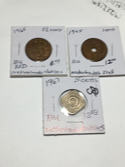1945 Nederlandsch Indie 1 Cent Au, Netherlands / Antilles 1965 2 1/2 Cents Bu Red, 1967 5 Cents Bu