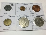 Mexico 1977 Cinco Pesos, 1978 Diez Pesos Extra Fine, 1990 50 Pesos, 1975 Cinco Centavos Extra Fine