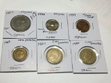 Spain 1963 Una Peseta, 1984 & 1986 Cien Pesetas, 1957 50 Ptas Ef, 1998 25 Ptas Bu, 1999 5 Euro