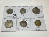 Great Britian 1958 Half Penny Ef, 1943 3 Pence, 1948 & 191 1 Shilling, 1948 & 1966(au) 2 Shillings