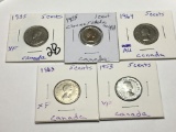 (5) Canadian Nickels 1935 Ef, 1964 Au, 1953 Very Fine, 1963 Extra Fine