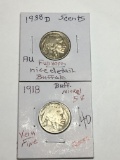 (2) Buffalo Nickels 1918 P Very Fine, 1938 D Au Full Horn Nice Details