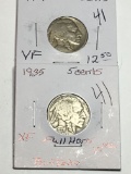 (2) Buffalo Nickels 1919 P Very Fine, 1935 P Extra Fine Full Horn