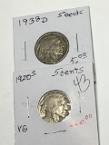 (2) Buffalo Nickels 1920 S Very Good, 1938 D