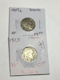 (2) Buffalo Nickels 1923 P Very Fine, 1937 S Extra Fine