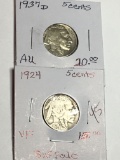 (2) Buffalo Nickels 1924 P Very Fine, 1937 D Au