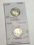 (2) Buffalo Nickels 1930 P Extra Fine Full Horn, 1936 P Au Full Horn