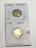 (2) Buffalo Nickels 1928 P Very Fine, 1936 S Extra Fine