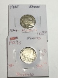 (2) Buffalo Nickels 1929 S Extra Fine, 1935 P Extra Fine+ Full Horn