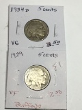 (2) Buffalo Nickels 1929 P Very Fine, 1934 D Very Good