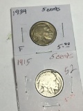 (2) Buffalo Nickels 1915 P , 1934 P Fine