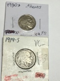 (2) Buffalo Nickels 1919 S Very Good, 1930 S Extra Fine