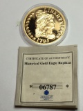 American Mint 40mm Round Gold Plated Gold Eagle With Certificate Of Authenticity