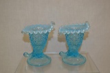 Two Fenton Blue Opal Horn of Plenty Vases.