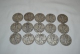 Coins. 15 Walking Liberty Half Dollars.