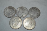 Coins. 5 Morgan Silver Dollars.