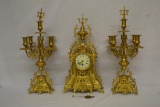 French Gold Ormalu Clock Garniture Set.