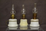 Three Miniature Milk Glass Oil Lamps.