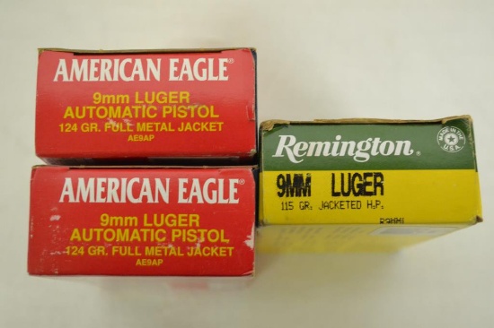 Ammo. 9 mm Luger. 3 Full Boxes. 150 Rds.