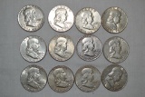 Coins. 12 Franklin Half Dollars 1948-1963